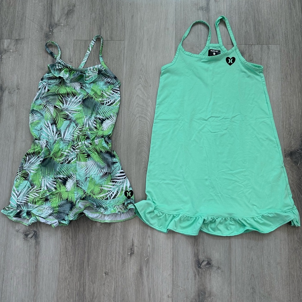 Set of girl’s Hurley green tropical print romper & solid green dress M 10/12